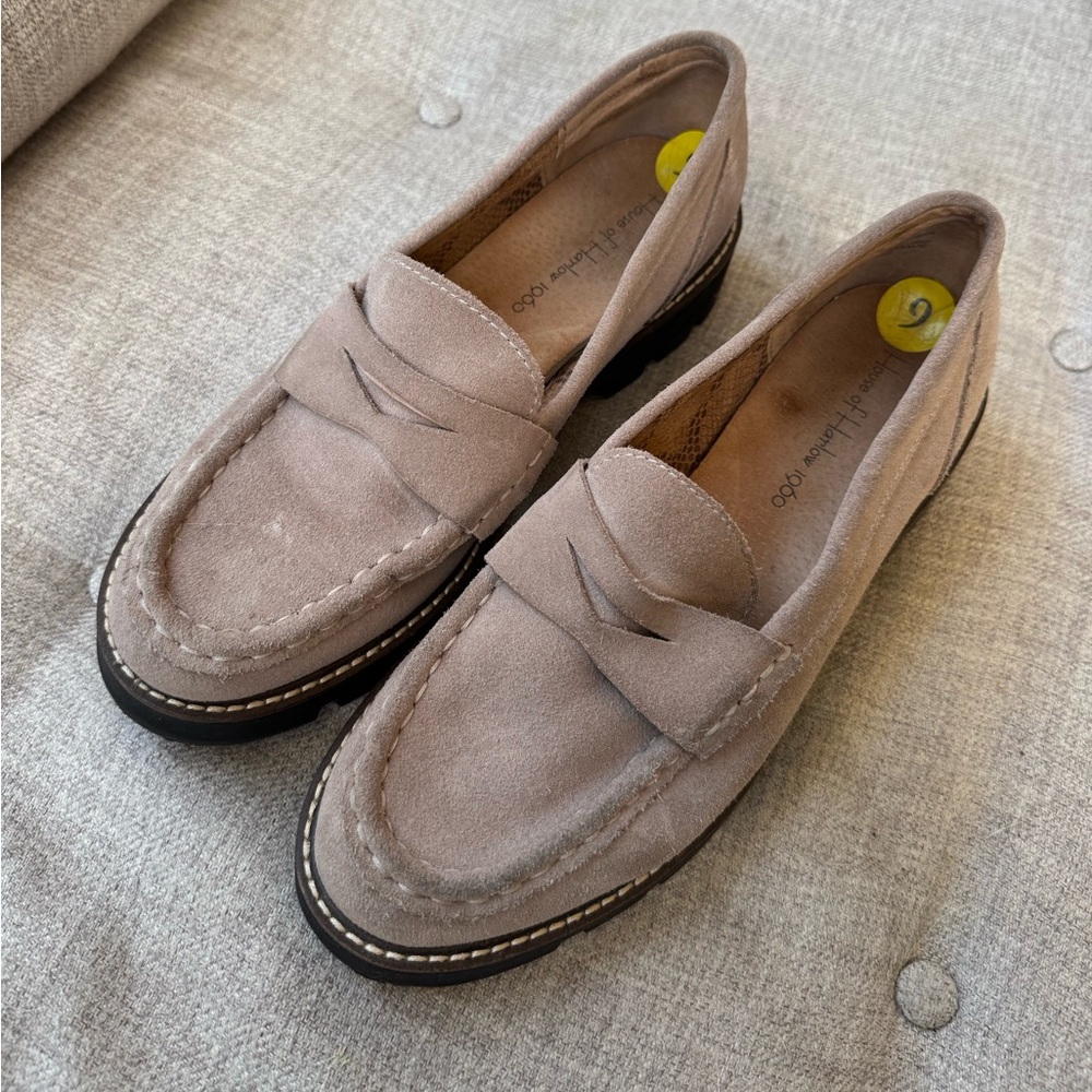 House of Harlow, 1960 suede leather, taupe penny loafers, lug sole, size 9